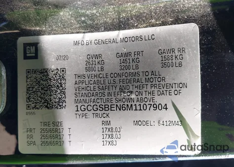 2021 Chevrolet Colorado 2Wd Short Box Wt из США, поврежденный, VIN 1GCGSBEN6M1107904